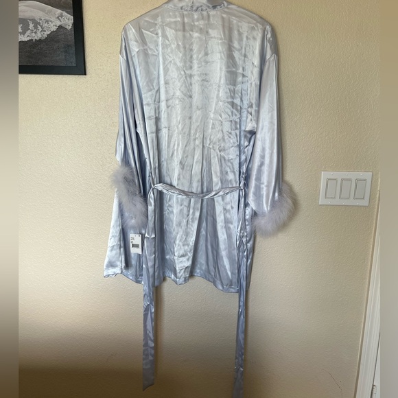In Bloom by Jonquil | Light Blue Feather Trim Satin Robe - Picture 7 of 10